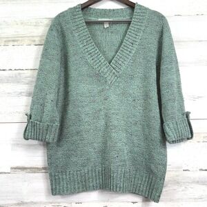 Dressbarn Women's 1X Green Speckled V Neck‎ Sweater 3/4 Sleeve Cuff Roll Up